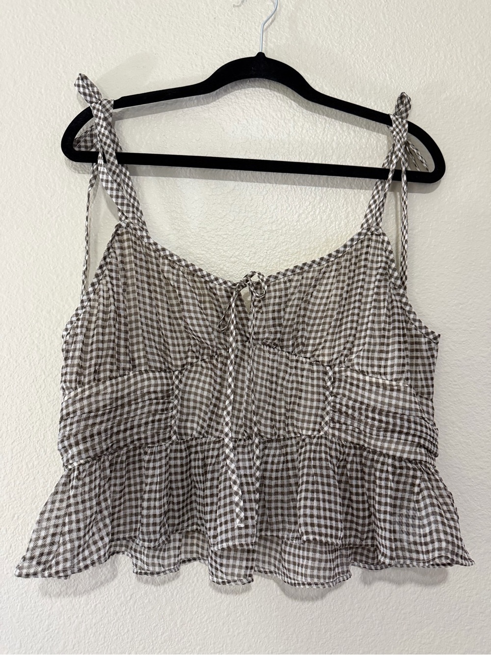 American Eagle Outfitters Brown Gingham Tie-Shoulder Peplum Cami